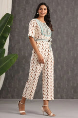 Ivory Ethnic Motif Printed Rayon Jumpsuit With Zip-2910IVORY