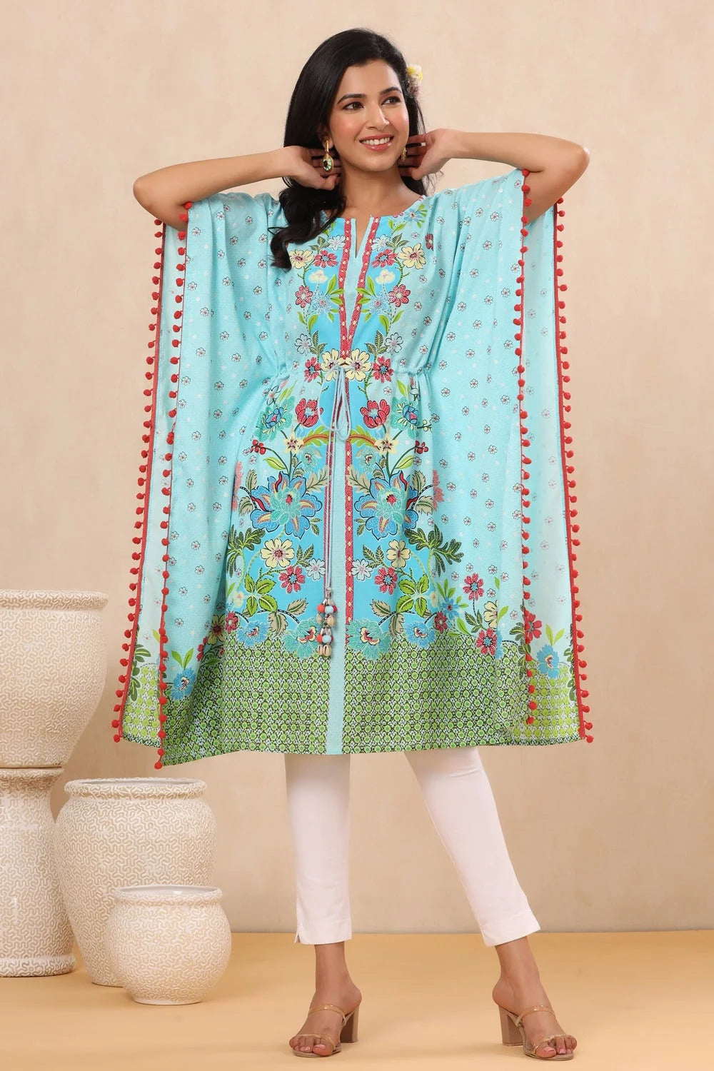 Sky Blue Floral Kaftan - Printed Women's Resort Wear Kaftans