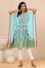 Sky Blue Floral Printed Calf-Length Rayon Kaftan.-2915SKYBLUE