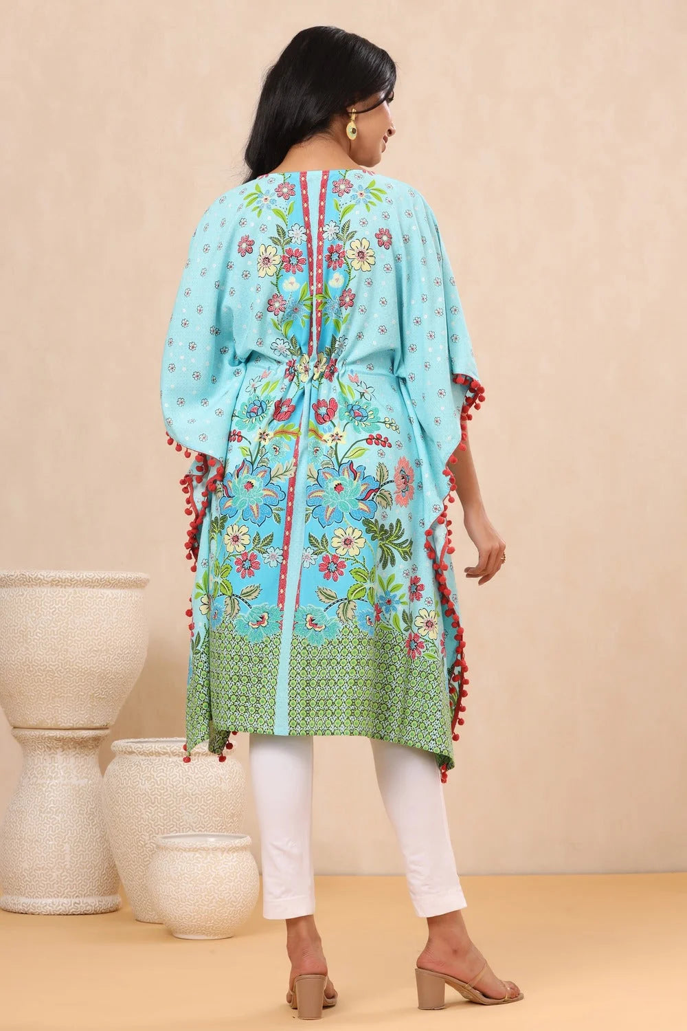 Sky Blue Floral Kaftan - Printed Women's Resort Wear Kaftans