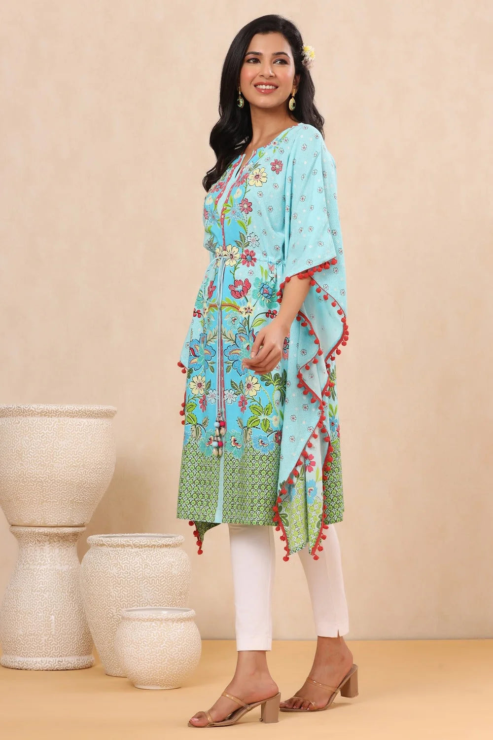 Sky Blue Floral Kaftan - Printed Women's Resort Wear Kaftans