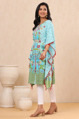 Sky Blue Floral Printed Calf-Length Rayon Kaftan.-2915SKYBLUE
