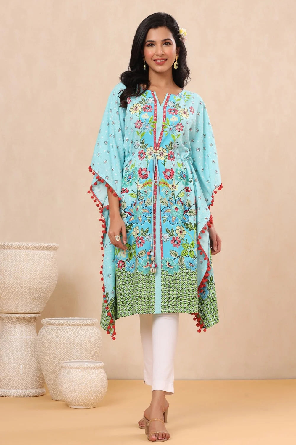 Sky Blue Floral Kaftan - Printed Women's Resort Wear Kaftans