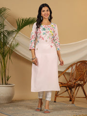 Pink Floral Printed Rayon Kurta With Sequins & Beads Work-2916PINK