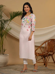 Pink Floral Printed Rayon Kurta With Sequins & Beads Work-2916PINK