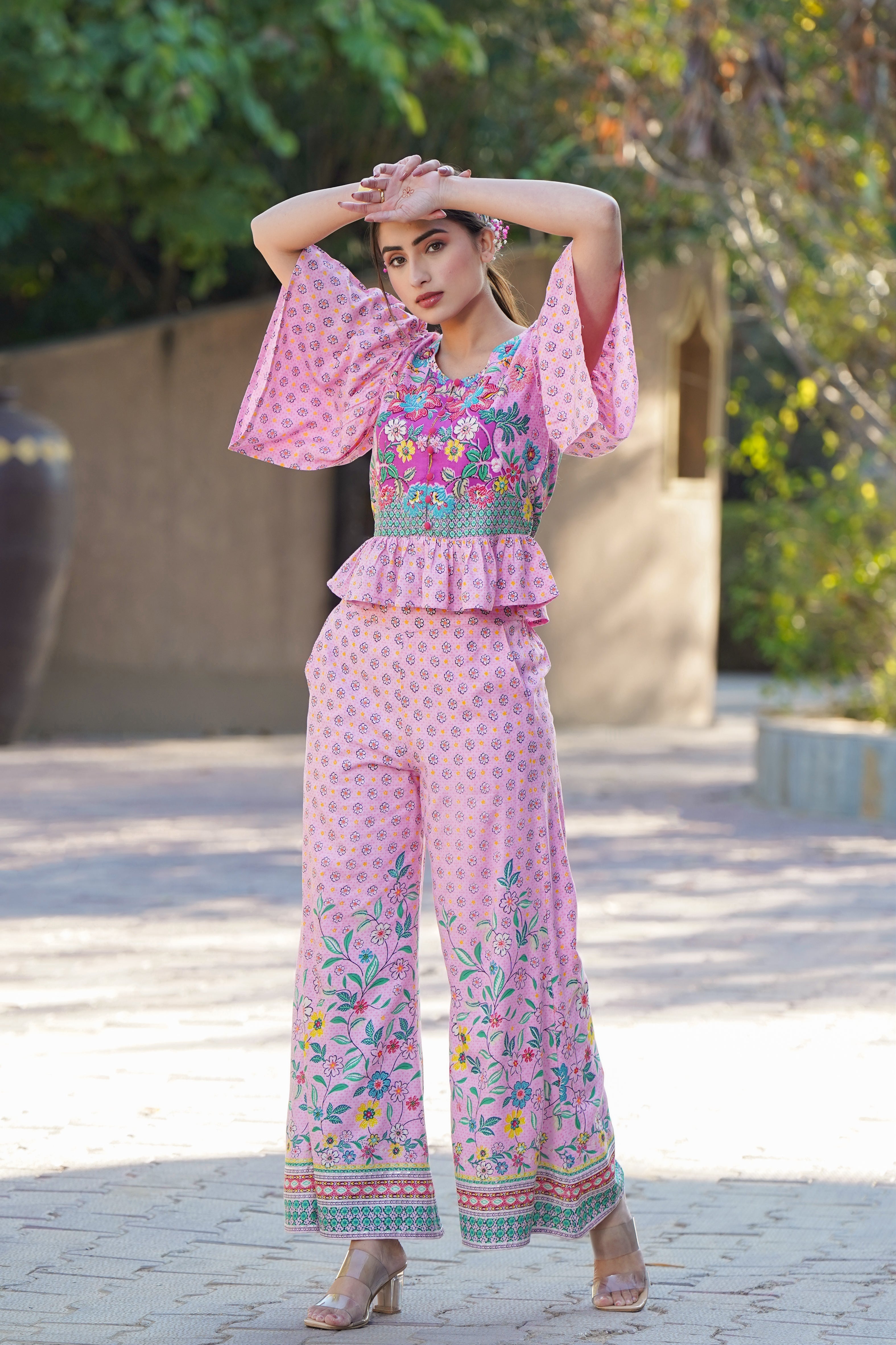 Pink LIVA Rayon Floral Print Peplum Top Palazzo Set | DesiQlo