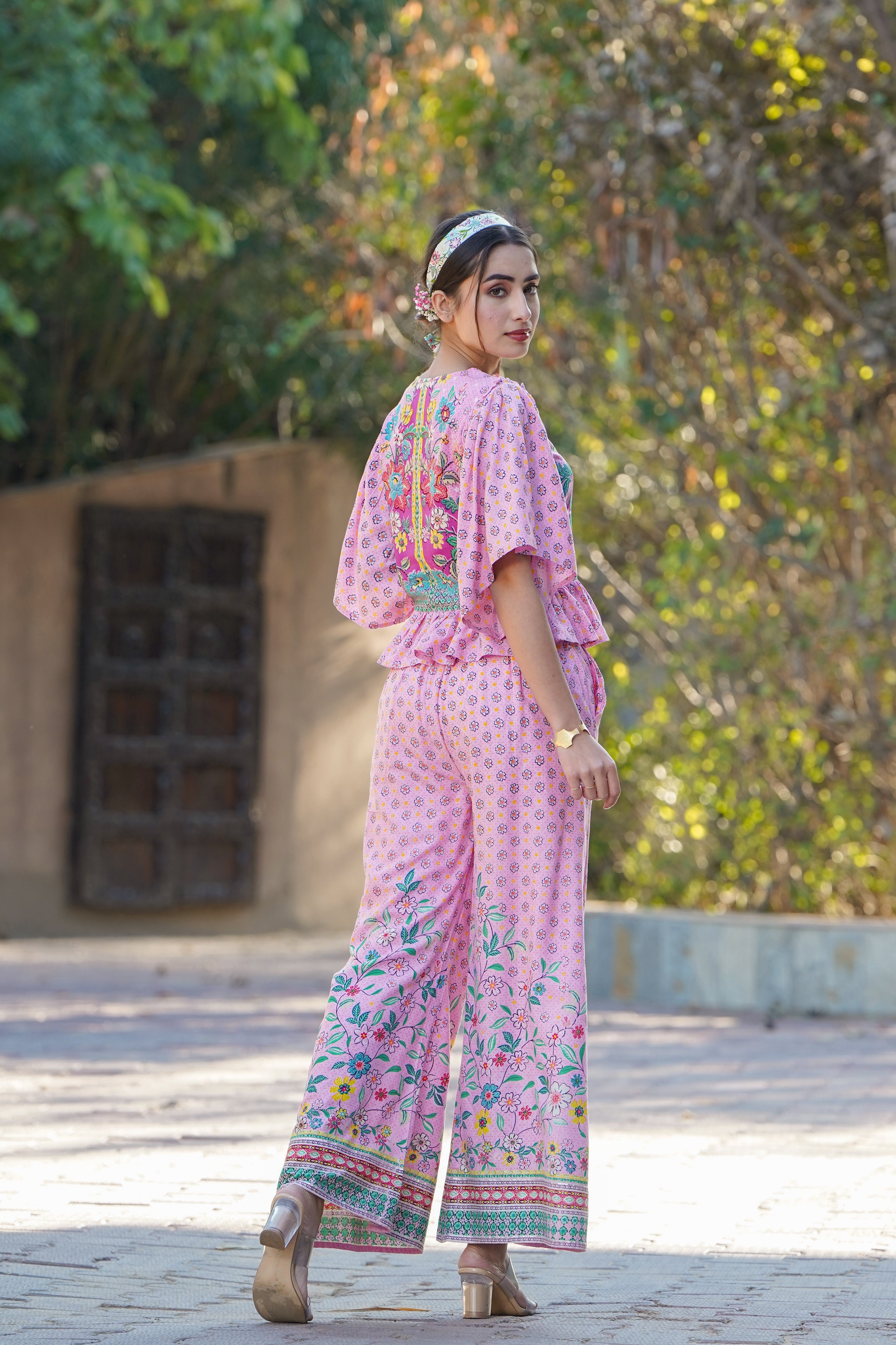 Pink LIVA Rayon Floral Print Peplum Top Palazzo Set | DesiQlo