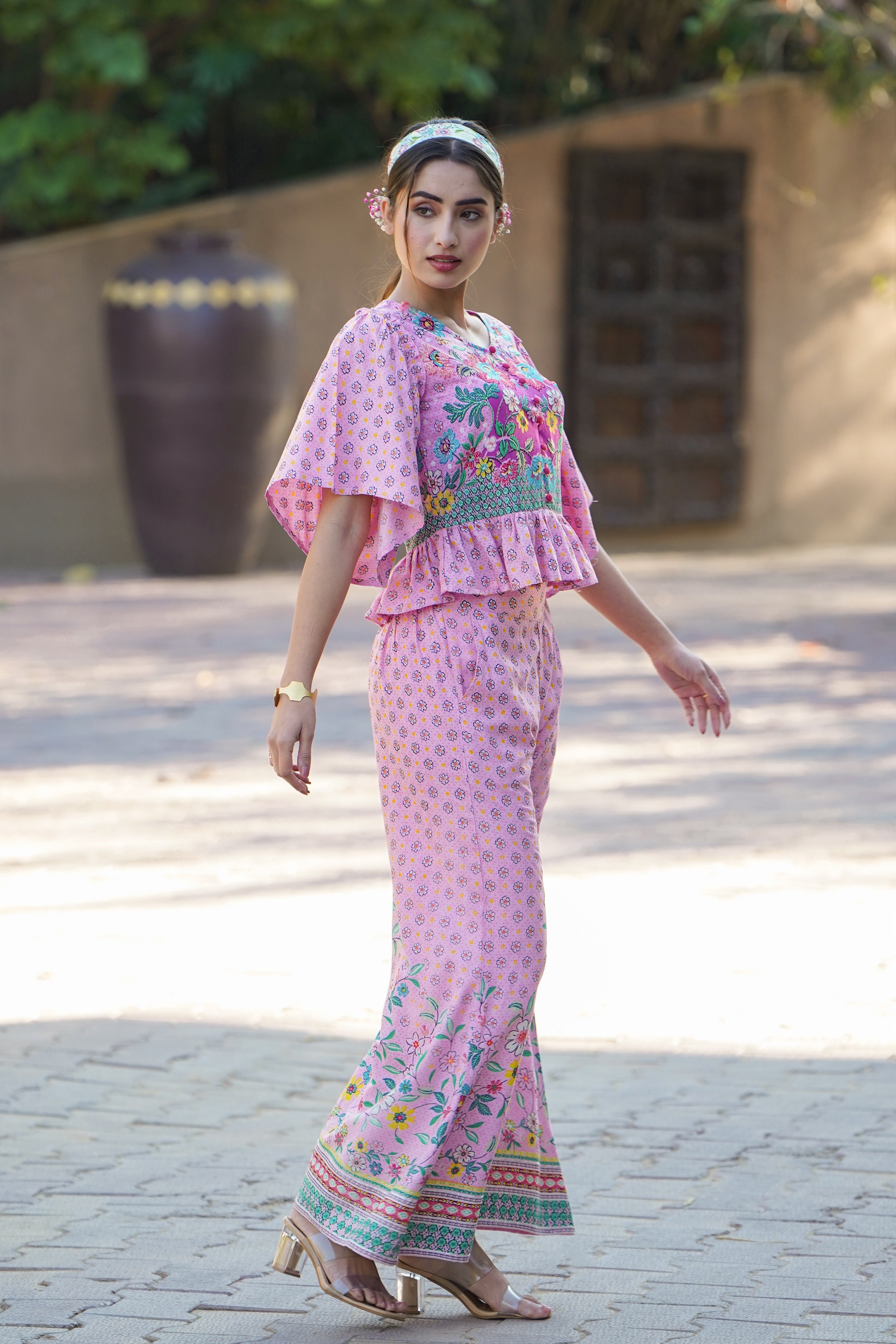 Pink LIVA Rayon Floral Print Peplum Top Palazzo Set | DesiQlo