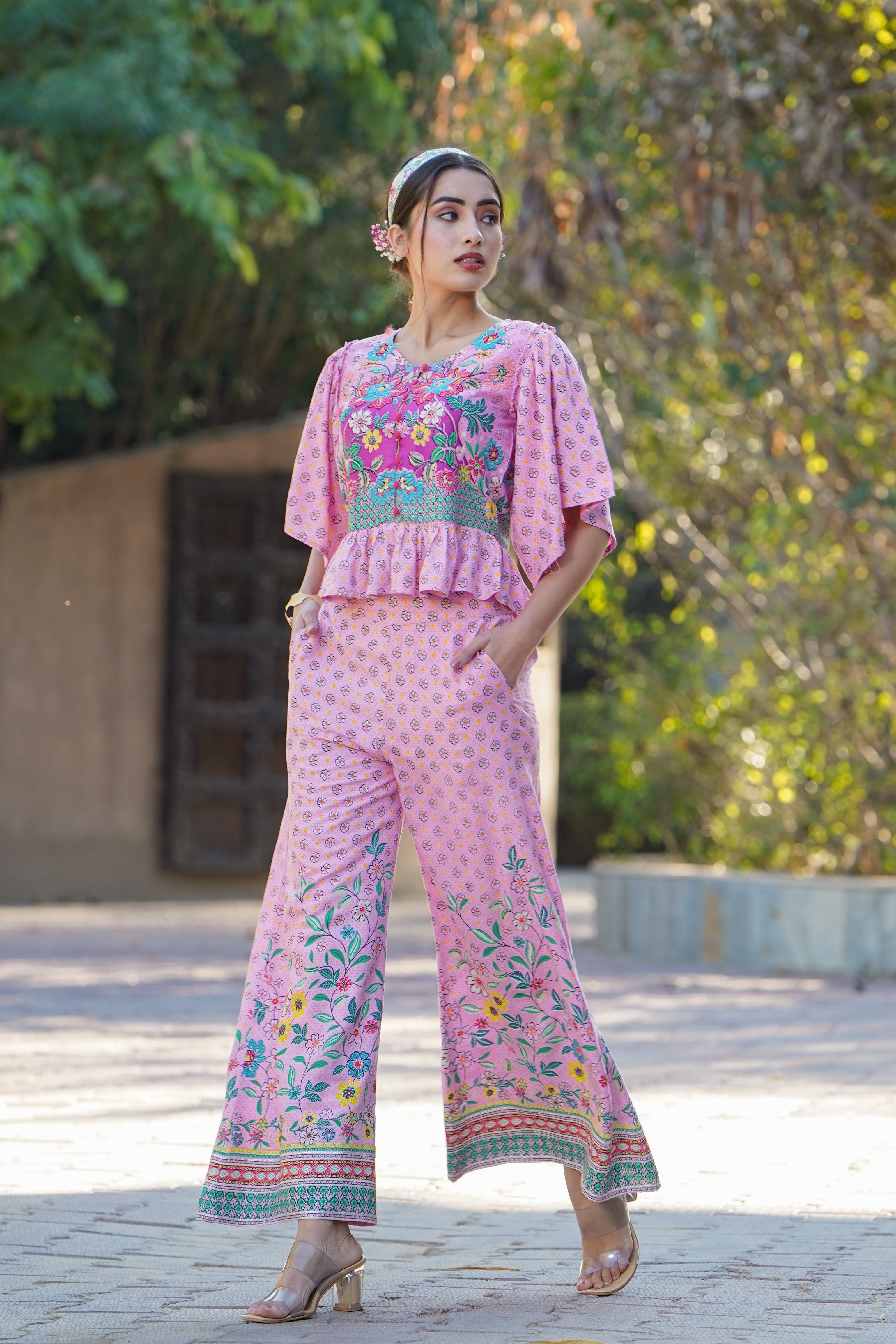 Pink LIVA Rayon Floral Print Peplum Top Palazzo Set | DesiQlo