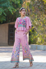 Juniper Pink LIVA Rayon Floral Print Peplum Top Palazzo Set
