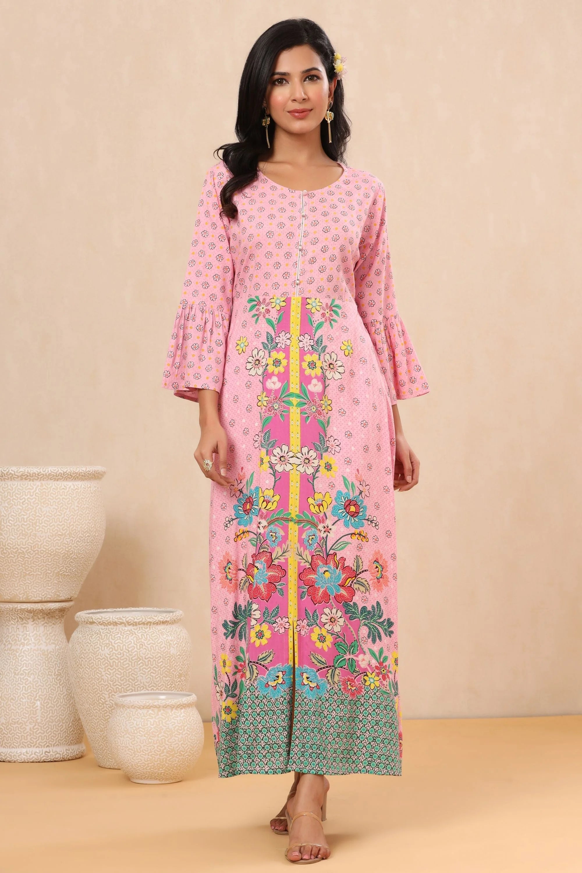 Pink Floral Printed Rayon Indian Kurtis- Stylish Kurtas for Women
