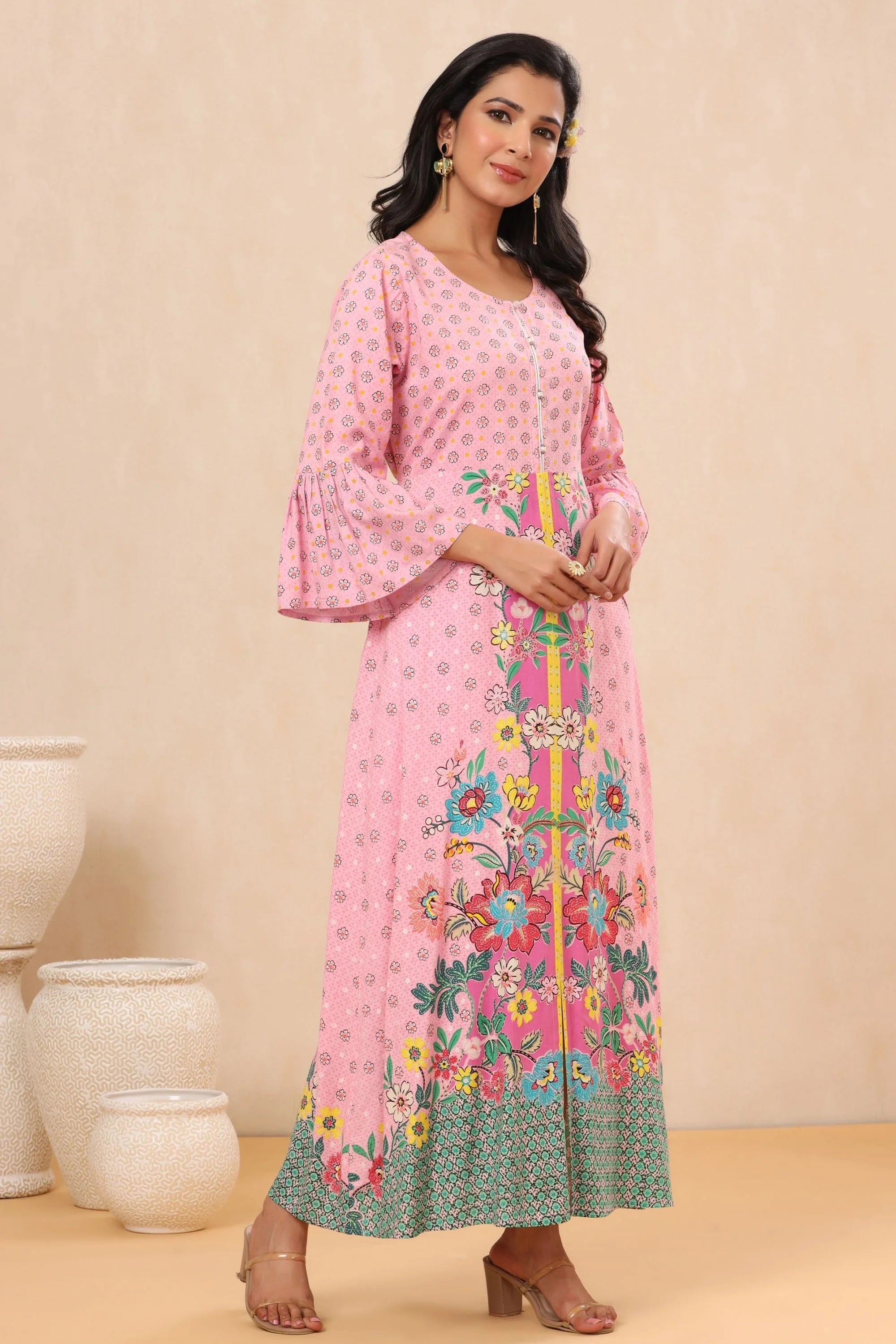 Pink Floral Printed Rayon Indian Kurtis- Stylish Kurtas for Women