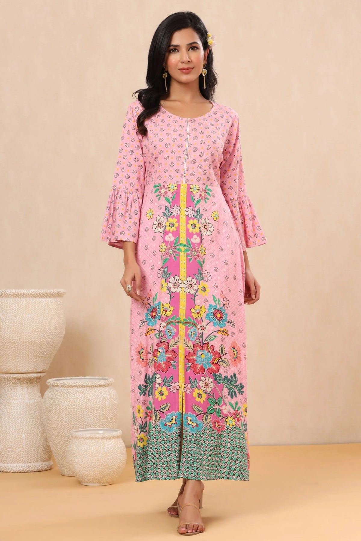 Pink Floral Printed Rayon Kurta With Buttons Closure At Back-2922PINK