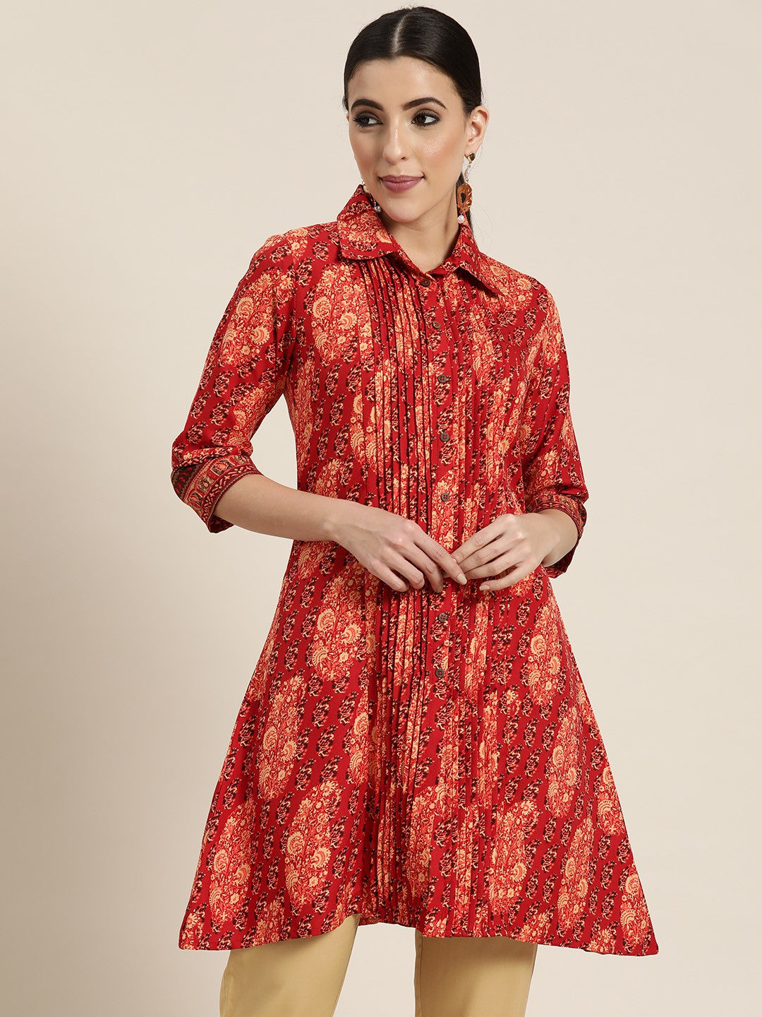 Red Ethnic Motif Printed Indian Kurta - Rayon A-Line Kurta