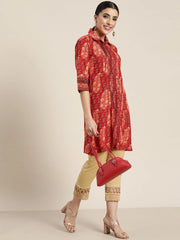 Red Ethnic Motif Printed Rayon A-Line Kurta with Buttons-2937RED