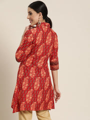 Red Ethnic Motif Printed Rayon A-Line Kurta with Buttons-2937RED