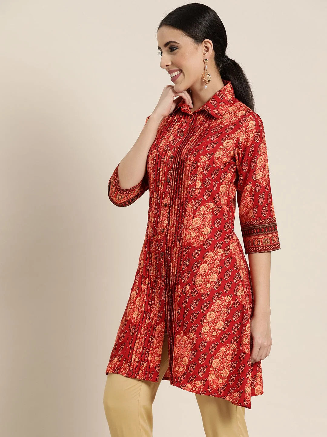 Red Ethnic Motif Printed Indian Kurta - Rayon A-Line Kurta