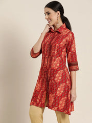 Red Ethnic Motif Printed Rayon A-Line Kurta with Buttons-2937RED