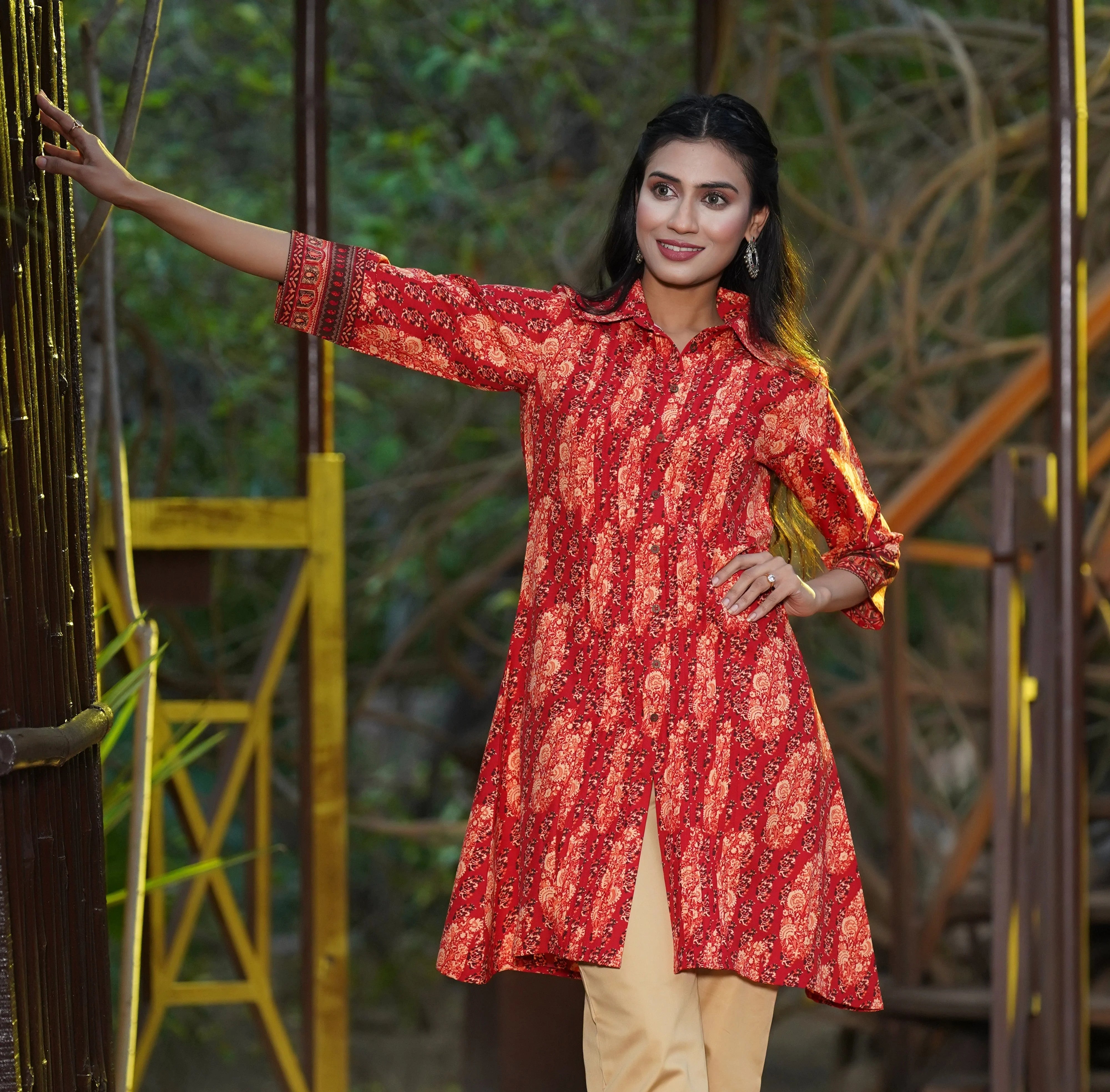 Red Ethnic Motif Printed Indian Kurta - Rayon A-Line Kurta