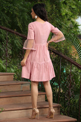 Blush Pink Floral Printed Cotton Slub Tiered Short Dress With Thread Work Embroidery-2947BLUSHPINK