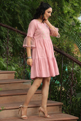 Blush Pink Floral Printed Cotton Slub Tiered Short Dress With Thread Work Embroidery-2947BLUSHPINK