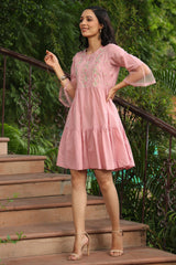 Blush Pink Floral Printed Cotton Slub Tiered Short Dress With Thread Work Embroidery-2947BLUSHPINK