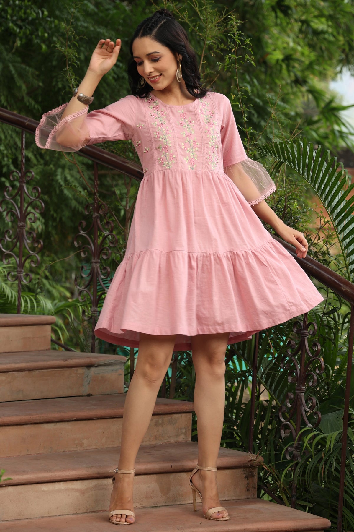 Blush Pink Floral Printed Cotton Slub Tiered Short Dress With Thread Work Embroidery-2947BLUSHPINK