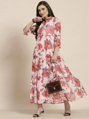 Pink Floral Printed Chiffon Maxi Dress With Buttons & Beads-2957PINK