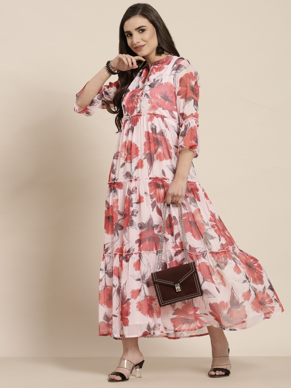 Pink Floral Chiffon Maxi Dress | Indian Dresses Online