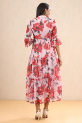 Pink Floral Printed Chiffon Maxi Dress With Buttons & Beads-2957PINK