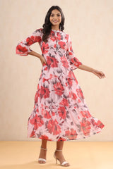 Pink Floral Printed Chiffon Maxi Dress With Buttons & Beads-2957PINK