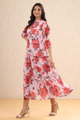 Pink Floral Printed Chiffon Maxi Dress With Buttons & Beads-2957PINK