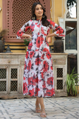 White Floral Printed Chiffon Dress With Buttons & Beads-2957WHITE