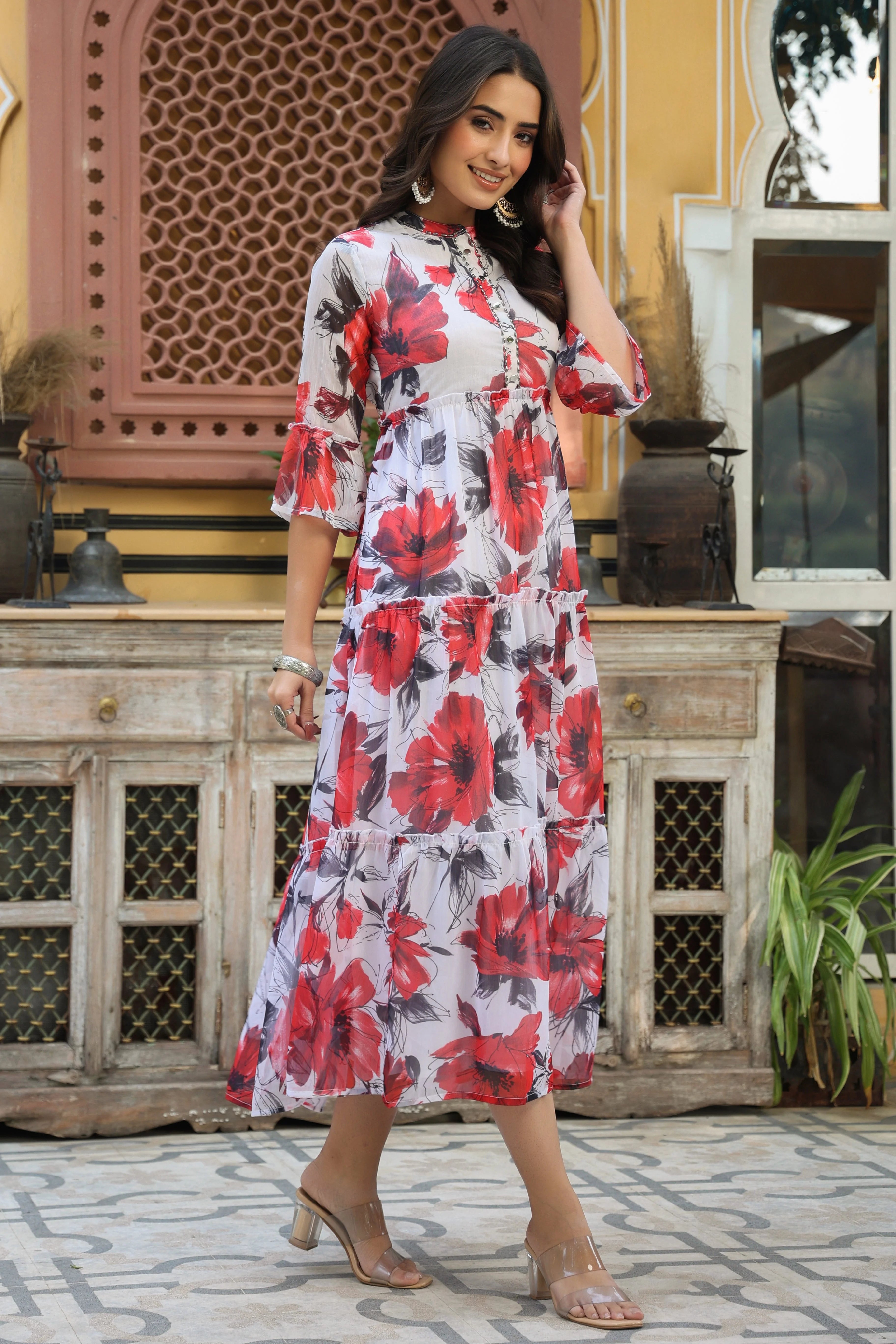 White Floral Printed Chiffon Dress | Indian Dresses Online