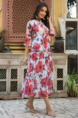 White Floral Printed Chiffon Dress With Buttons & Beads-2957WHITE