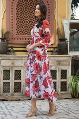 White Floral Printed Chiffon Dress With Buttons & Beads-2957WHITE