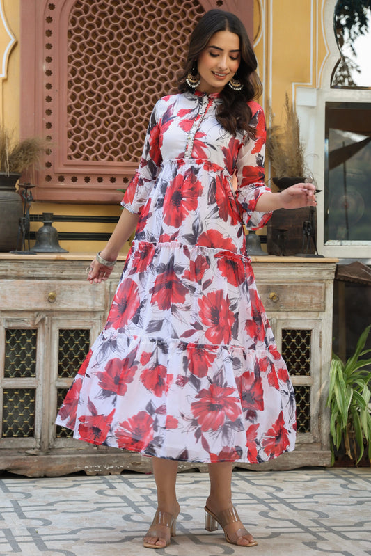 White Floral Printed Chiffon Dress With Buttons & Beads-2957WHITE 3648