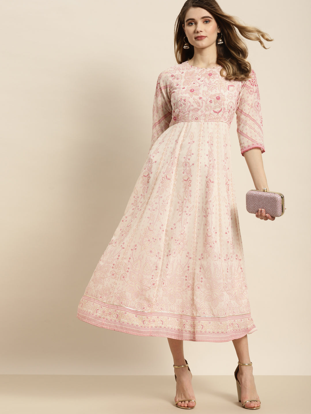 Pink & Multi Georgette Printed Anarkali Dress | DesiQlo