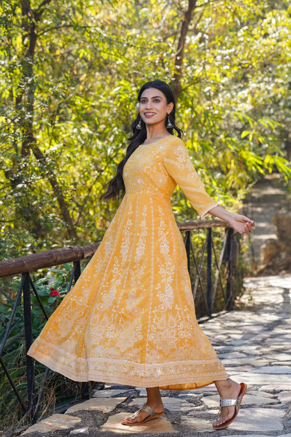 Yellow Floral Maxi Indian Dresses | Kantha Work & Sequins