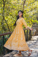 Yellow Floral Printed Georgette Maxi Dress With Beads Kantha Work & Sequins At Neckline-2962YELLOW