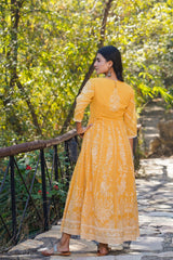 Yellow Floral Printed Georgette Maxi Dress With Beads Kantha Work & Sequins At Neckline-2962YELLOW