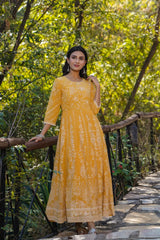 Yellow Floral Printed Georgette Maxi Dress With Beads Kantha Work & Sequins At Neckline-2962YELLOW