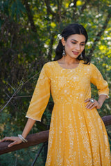 Yellow Floral Printed Georgette Maxi Dress With Beads Kantha Work & Sequins At Neckline-2962YELLOW