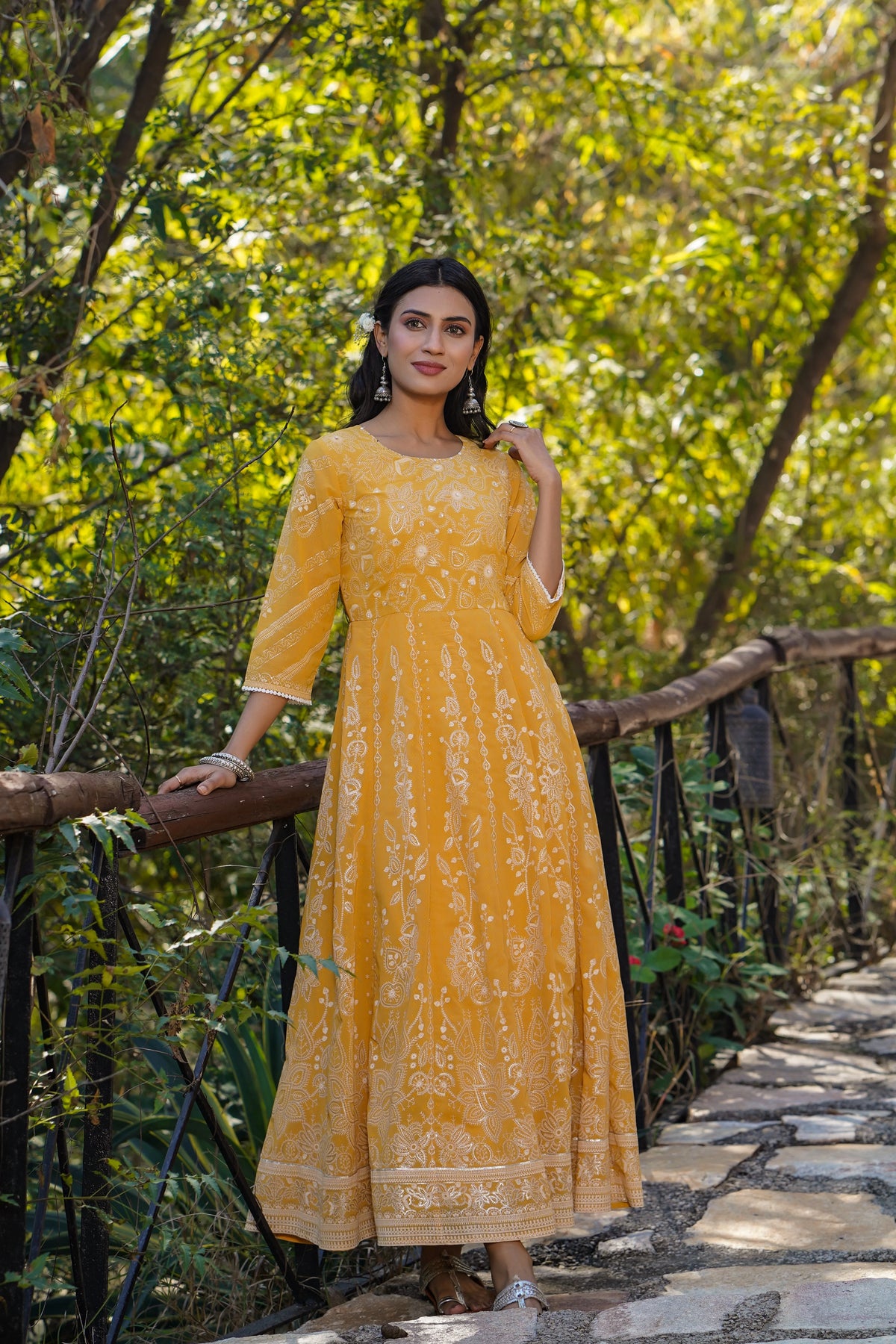 Yellow Floral Printed Georgette Maxi Dress With Beads Kantha Work & Sequins At Neckline-2962YELLOW