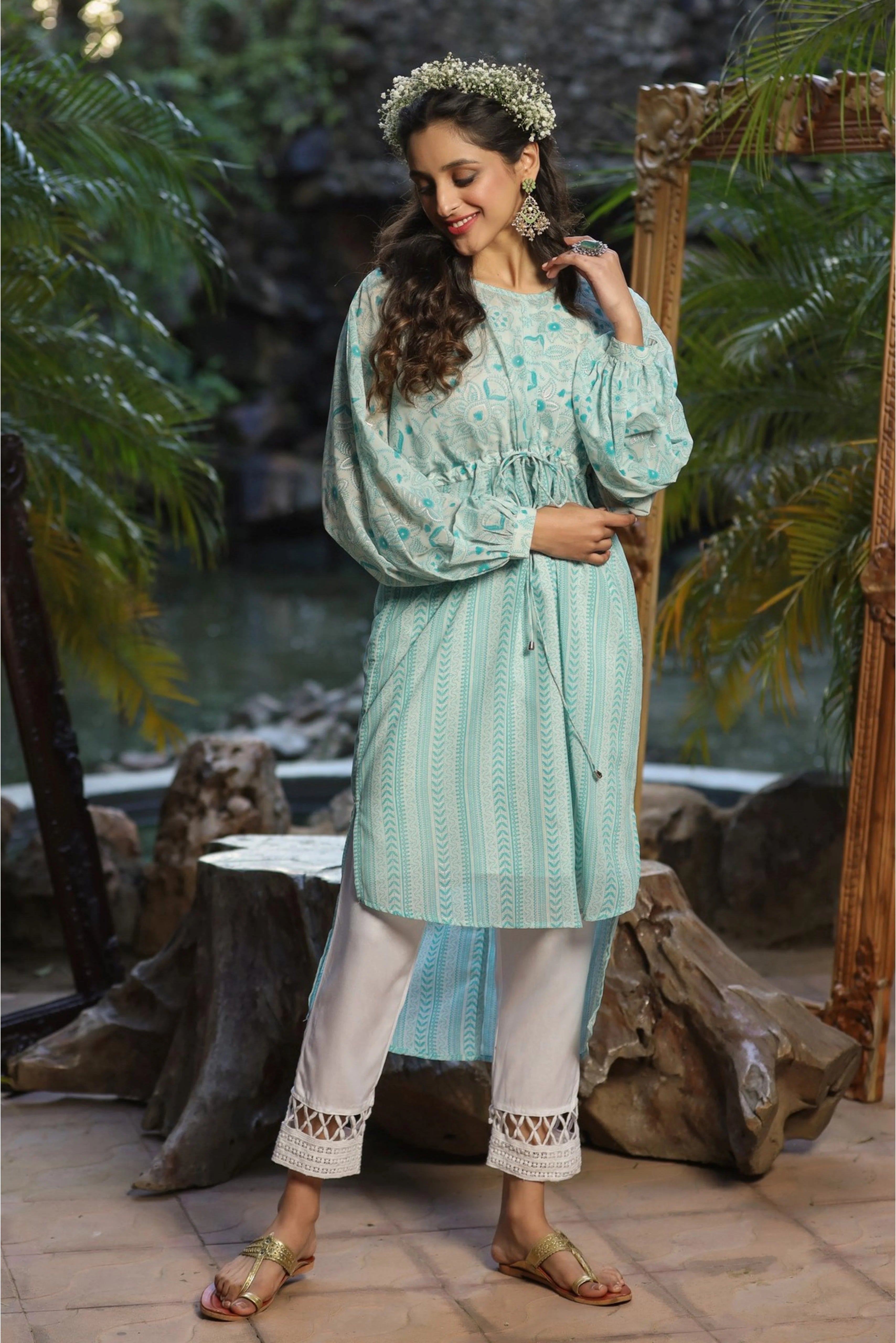 Blue Floral Tunic Top: Georgette Indian Kurti for Ladies