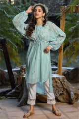 Blue Floral Printed Georgette High- Low Tunic With Shantoon Inner-2965BLUEMULTI
