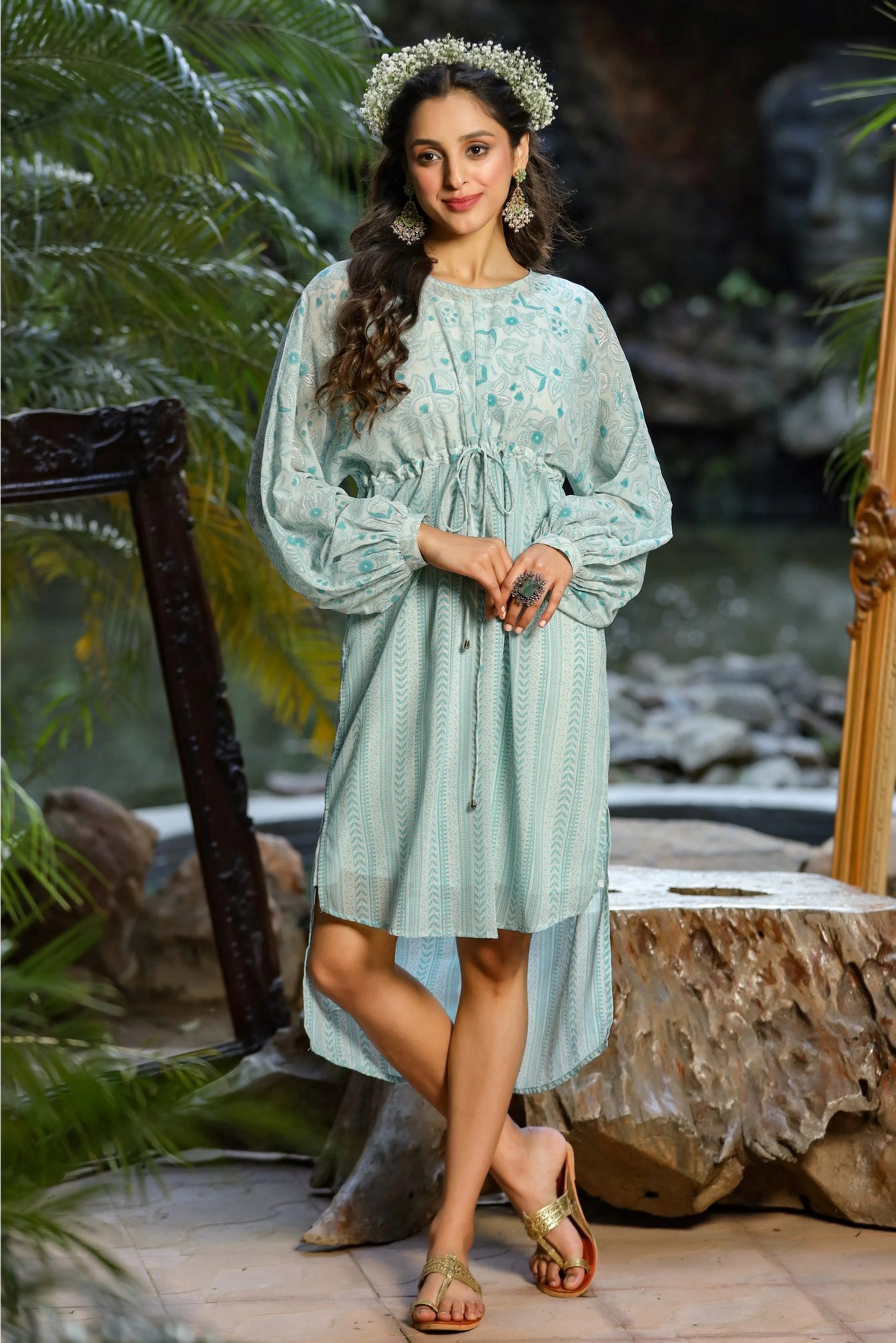 Blue Floral Tunic Top: Georgette Indian Kurti for Ladies