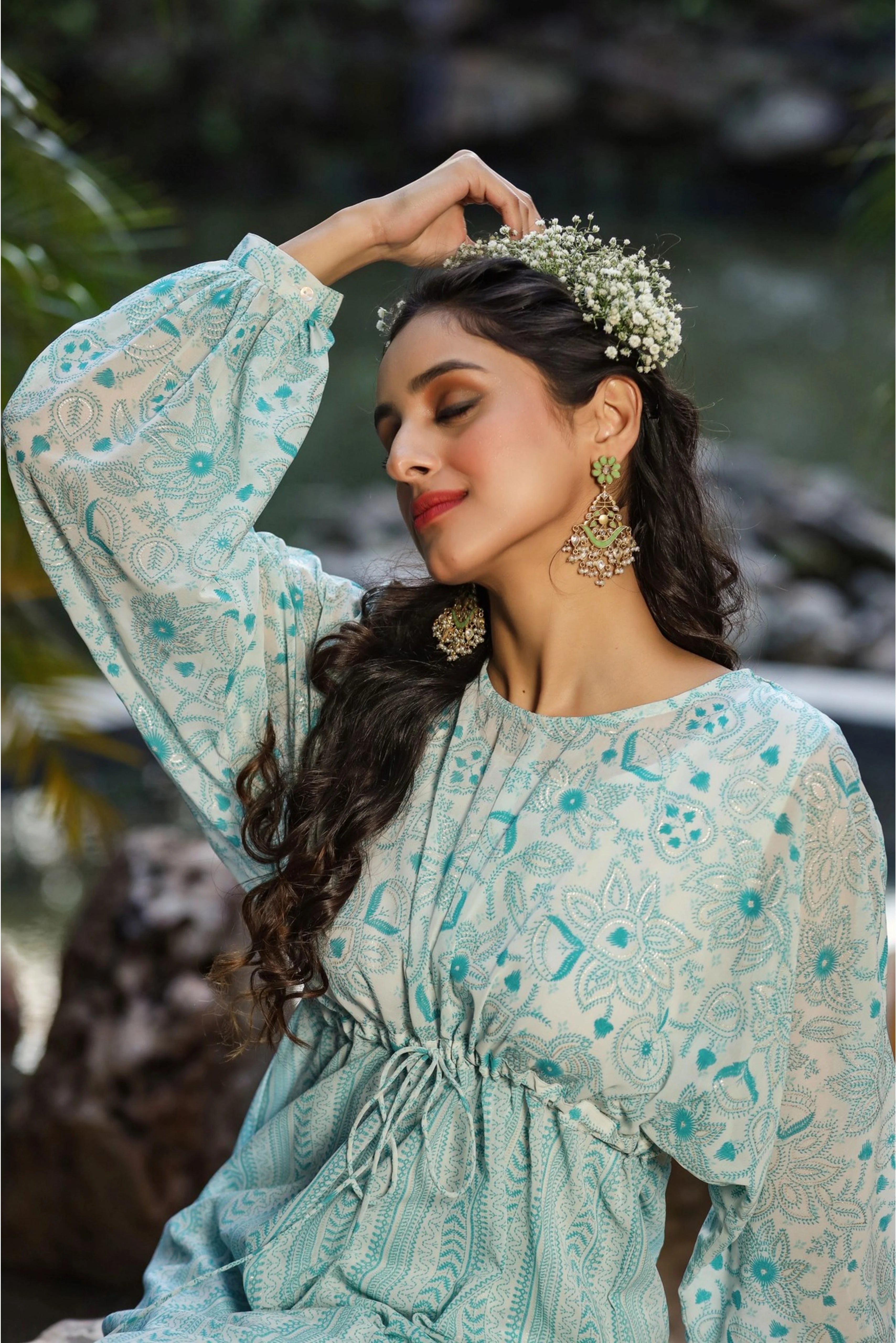 Blue Floral Tunic Top: Georgette Indian Kurti for Ladies