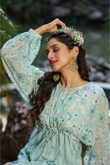 Blue Floral Printed Georgette High- Low Tunic With Shantoon Inner-2965BLUEMULTI