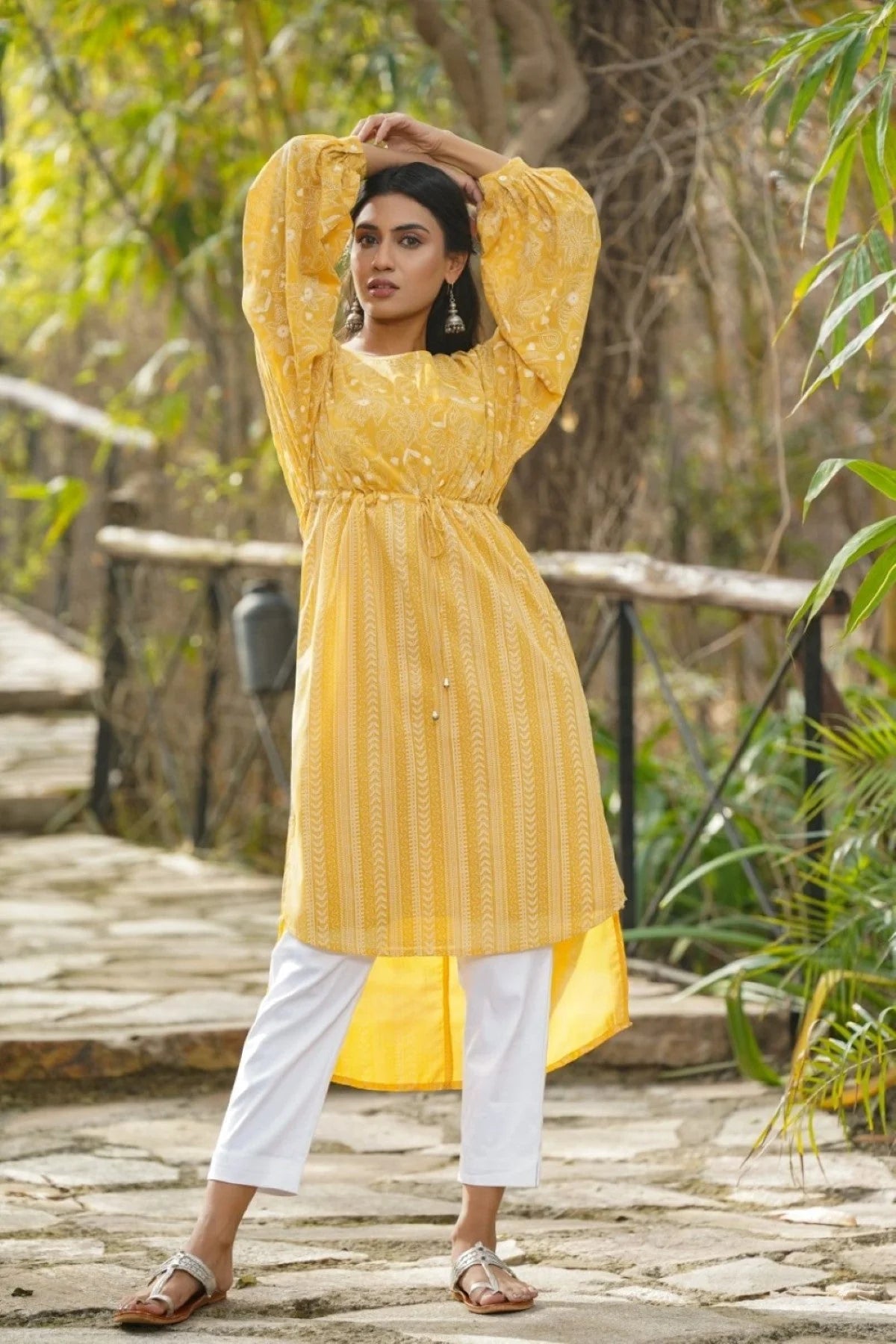 Yellow Floral Tunic Top - Georgette Indian Kurti for Women